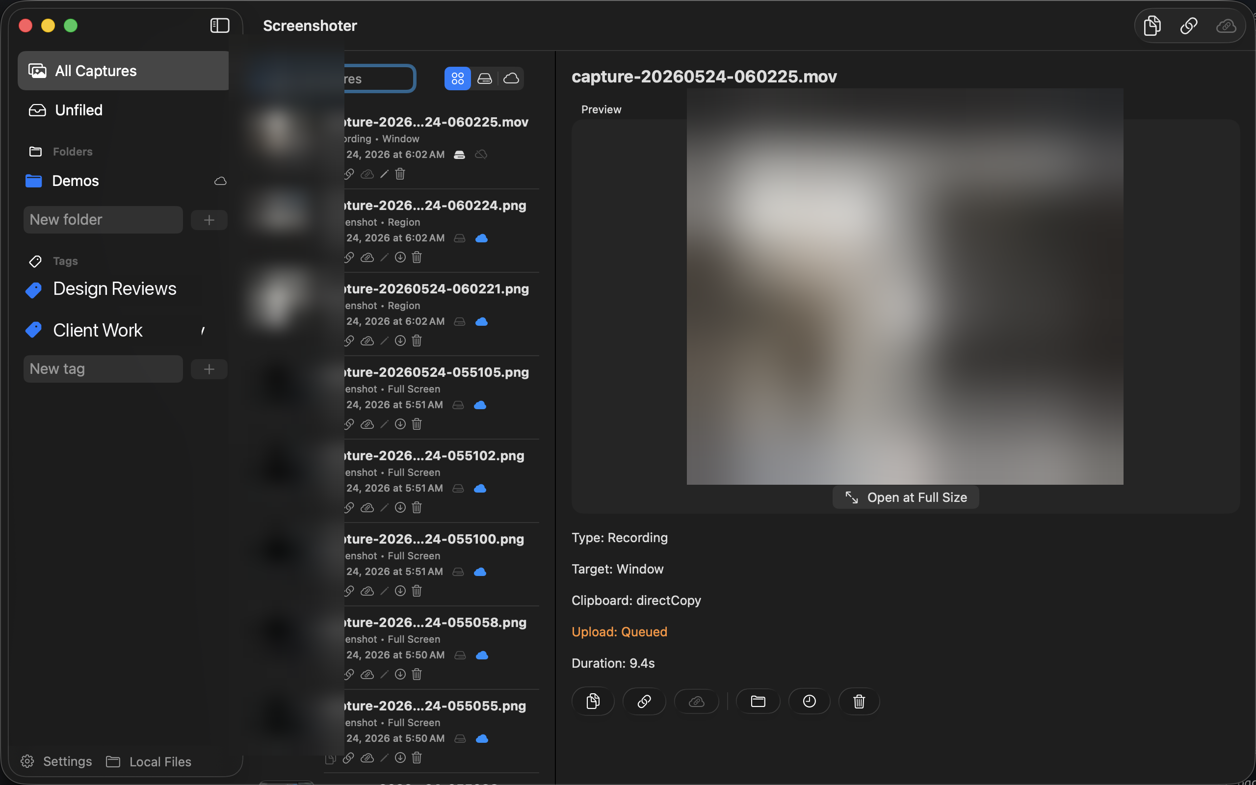 The Screenshoter library window showing the capture history, folders and tags sidebar, a recording preview, and capture metadata.