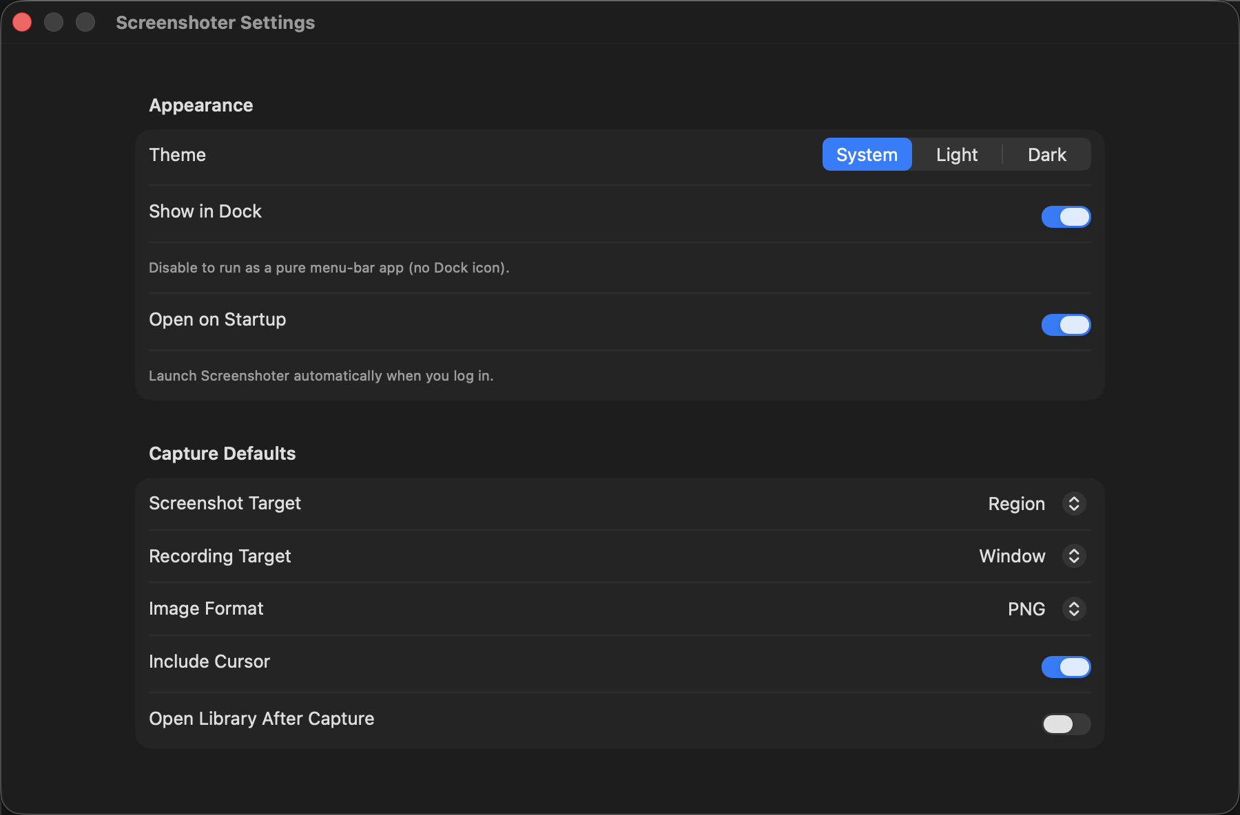 Screenshoter general settings with theme picker (System / Light / Dark), Show in Dock, Open on Startup, and capture defaults for screenshot target, recording target, image format and cursor.
