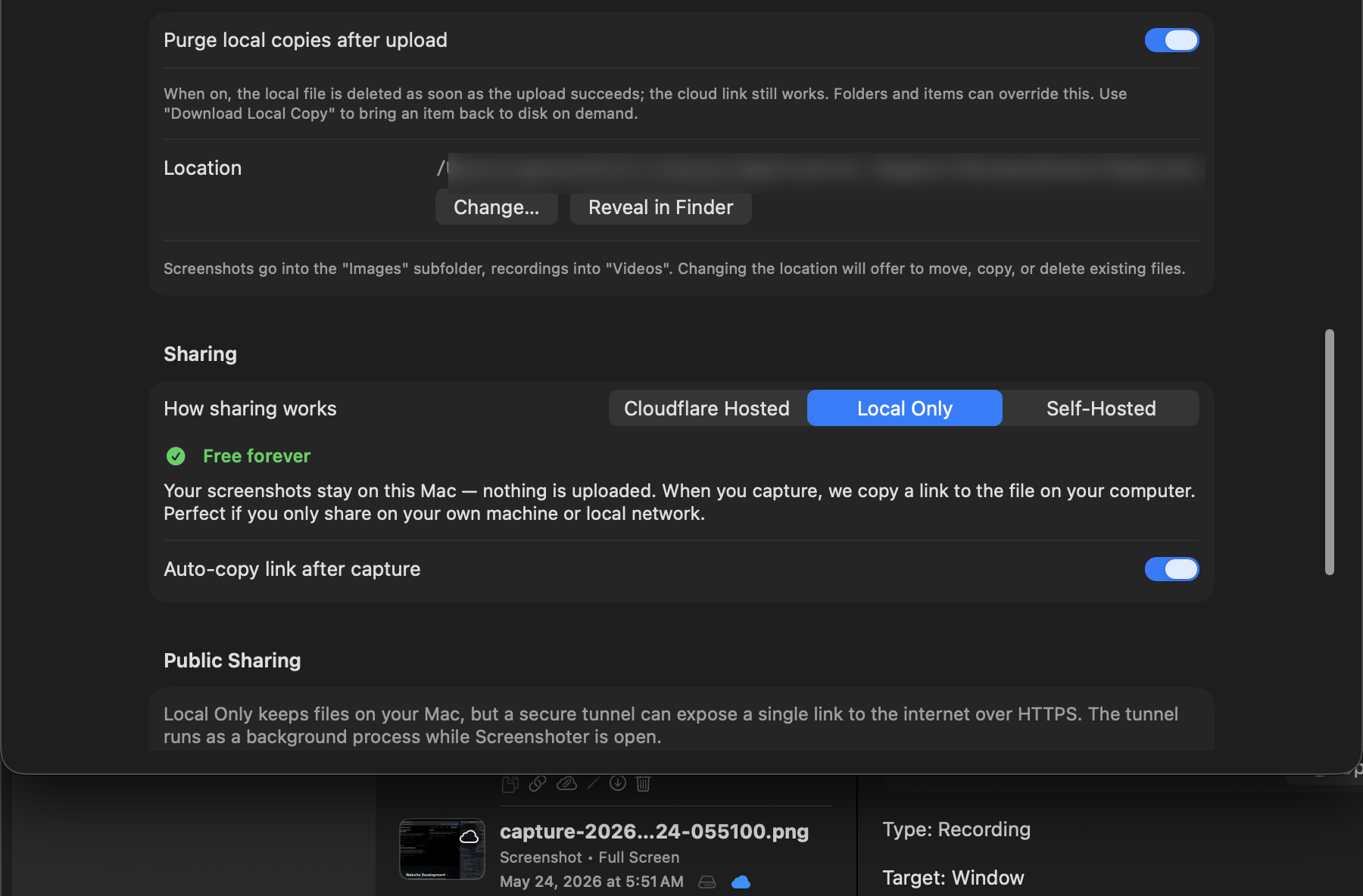 Screenshoter settings showing local storage controls including purge-after-upload, storage location, and the sharing mode picker set to Local Only.