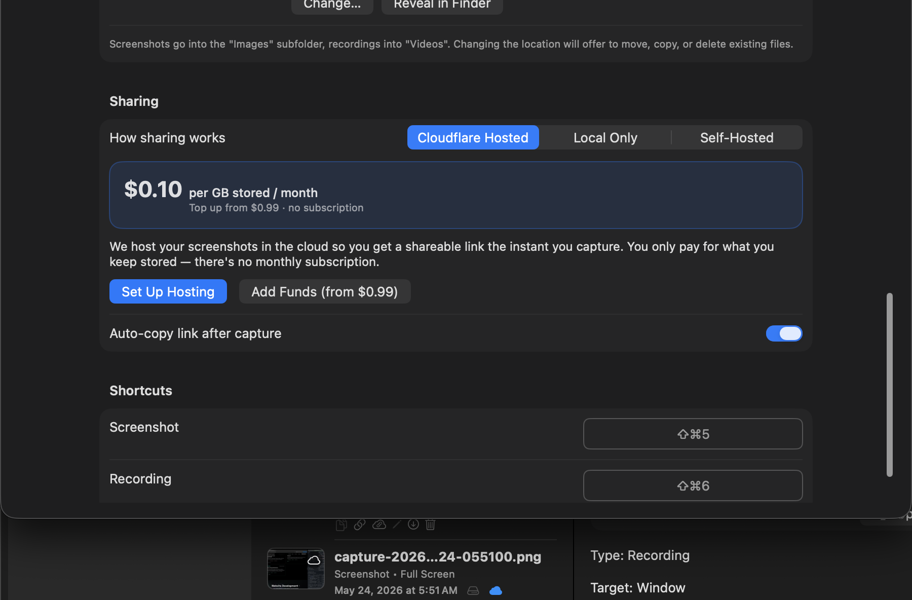 Screenshoter settings showing the Cloudflare Hosted sharing mode with the $0.10 per GB price card, Set Up Hosting and Add Funds buttons.