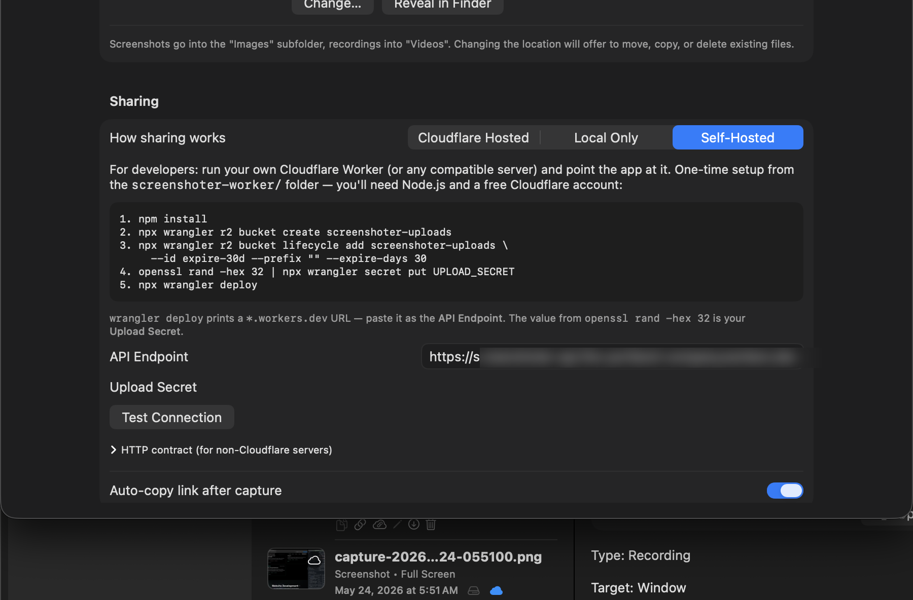 Screenshoter settings showing the Self-Hosted developer mode with Cloudflare Worker setup steps, API endpoint and upload secret fields, and a Test Connection button.