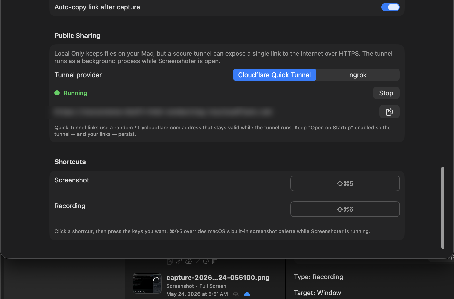 Screenshoter Public Sharing settings showing a running secure tunnel with a live public URL, provider picker, and the screenshot and recording keyboard shortcuts.