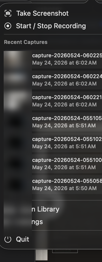 The Screenshoter menu-bar popover with Take Screenshot, Start / Stop Recording, a list of recent captures, and quick access to the library and settings.